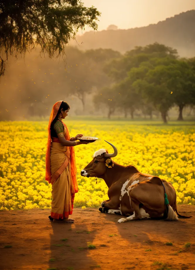 a woman in a sari holding a plate with a cow lying down in a field of yellow flowers