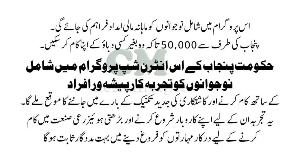 An Urdu text banner describing the Punjab government's Internship Program for Aqua Shrimp Farming